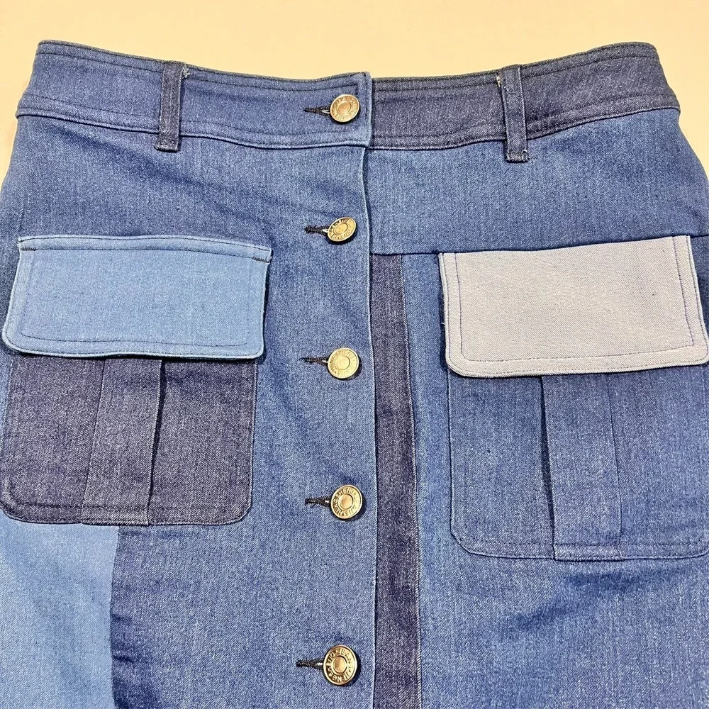 Gracia Skirt Blue Patchwork Denim Button‎ Front Western Midi Women's Small